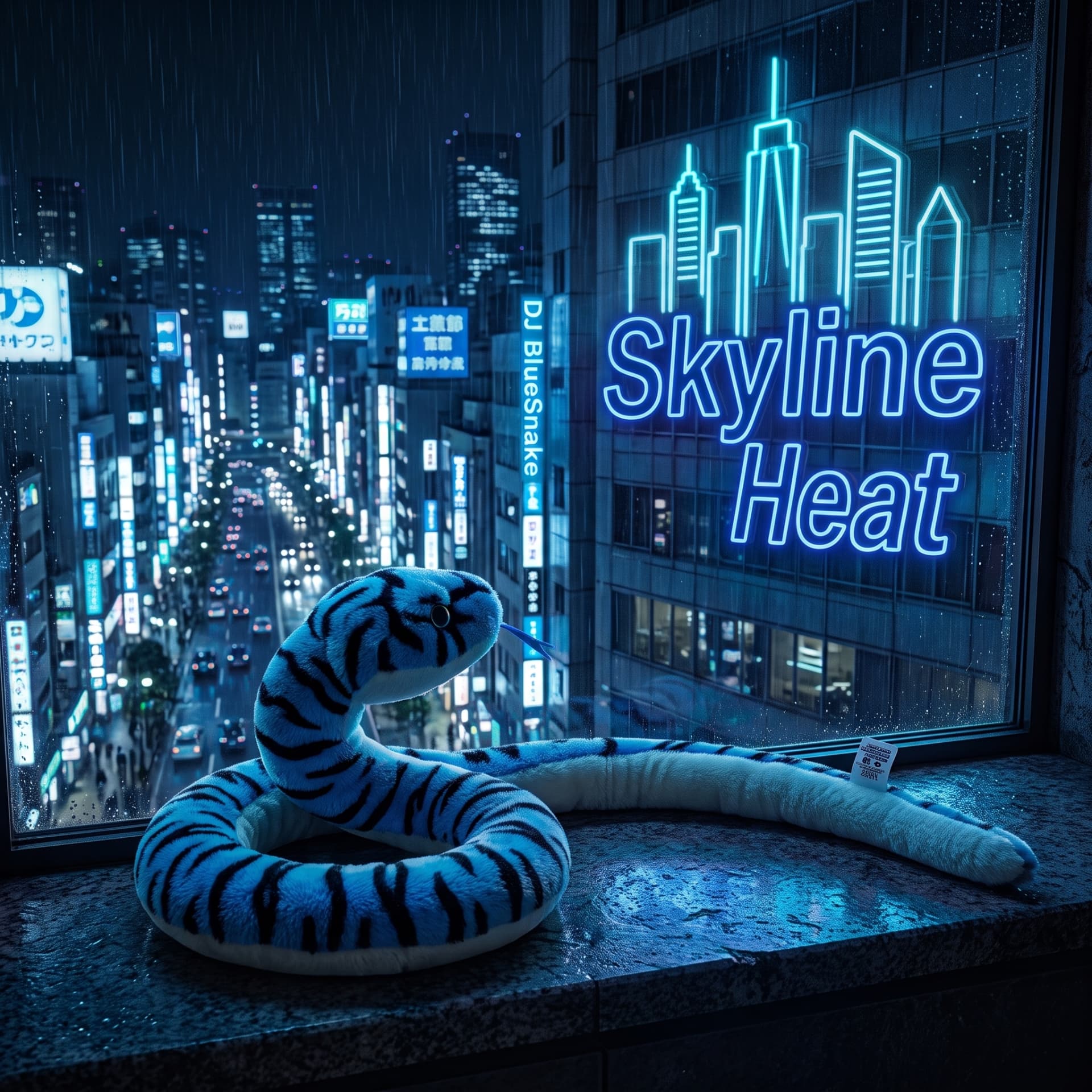 Skyline Heat cover art — blue snake watching a neon city skyline from a rainy window