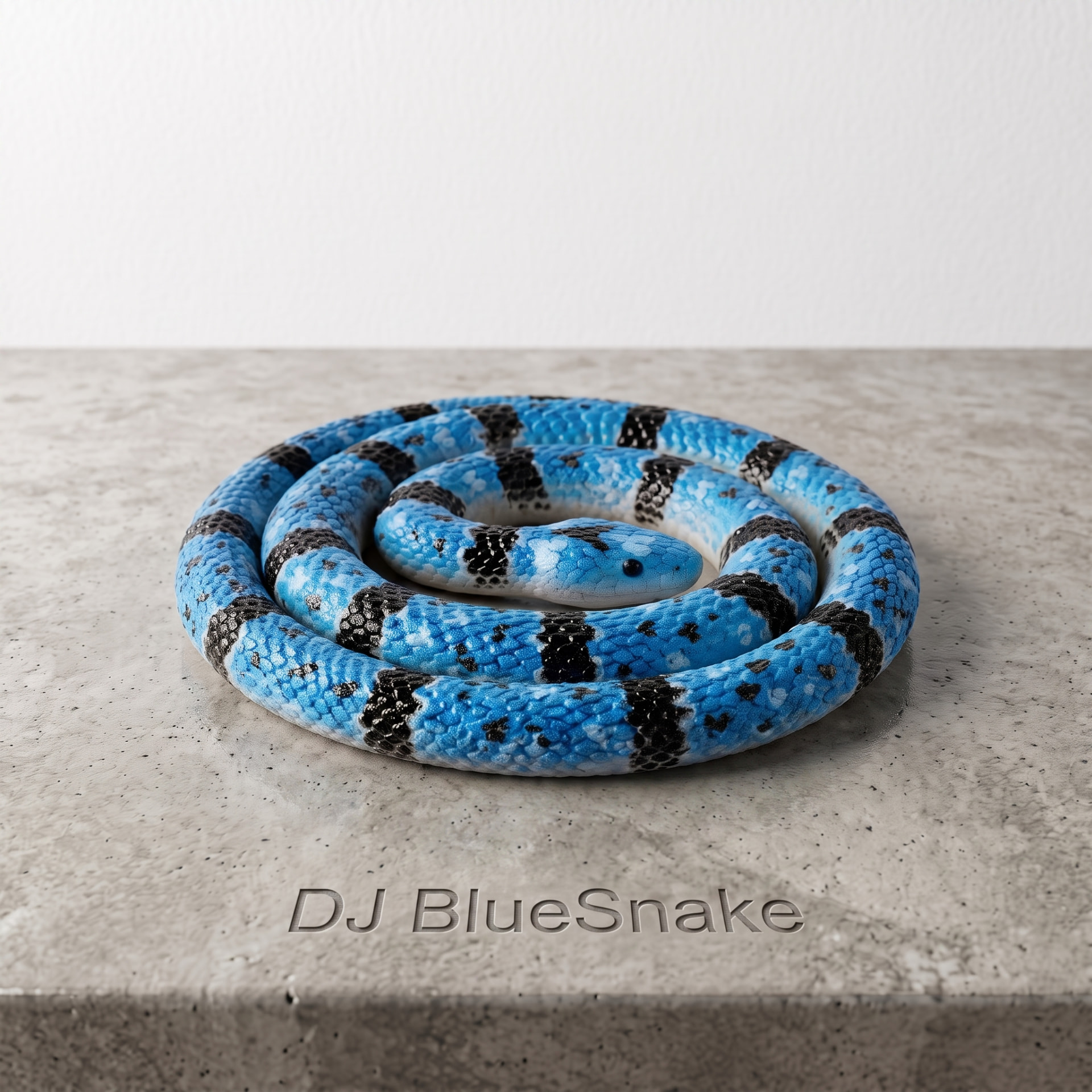 DJ BlueSnake — a blue and black banded snake coiled on a concrete plinth engraved with the artist name